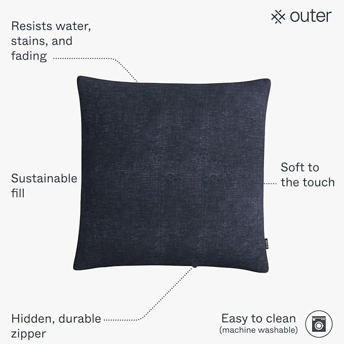 Outer Outdoor Throw Pillow with OuterWeave Performance Fabric, Decorative Outdoor Pillow for Patio & Outdoor Furniture, Includes Machine Washable Pillow Cover and Insert - Deep Sea Navy, 20"x20"