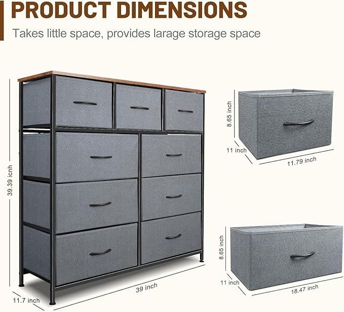 Dresser for Bedroom with 9 Drawers, Chest of Drawers, Storage Drawers Organizer Unit, Grey Wide Fabric Dresser with Fabric Bins for Closet, Living Room, Entryway (Grey and Rustic Brown)