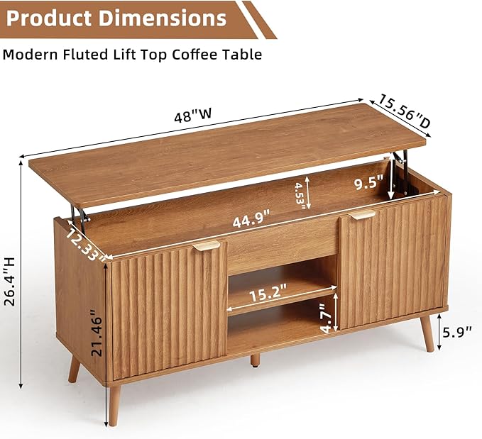 LEYAOYAO 48" Fluted Lift Top Coffee Table with Hidden Storage & Adjustable Shelves, Lifting Tabletop Large Rectangular Coffee Tables, Mid Century Modern Wood Center Table for Living Room, Brown