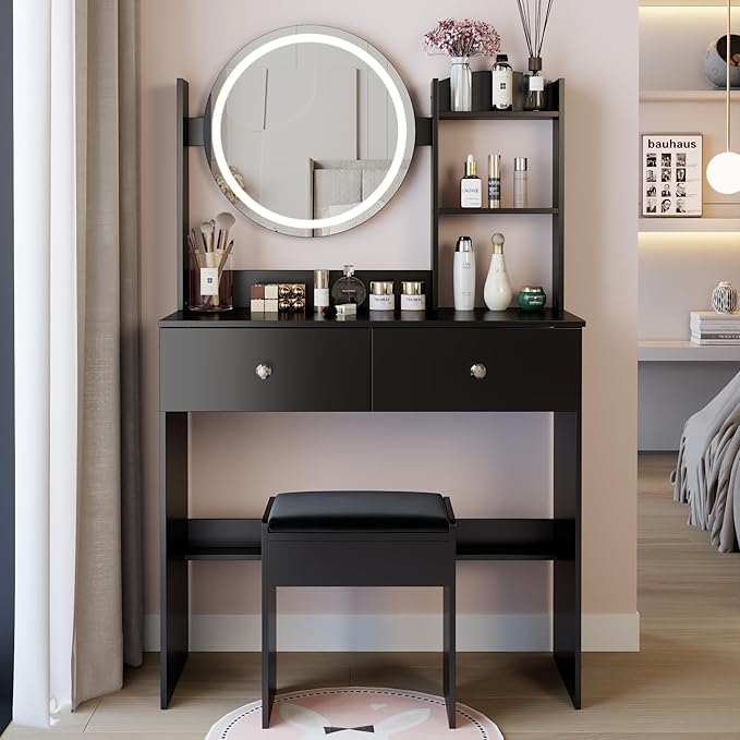 31.5" Small Vanity Desk with Mirror and Lights, Makeup Table with Led Lights, 3 Lighting Colors, Vanity Set with 2 Drawers and Stool for Small Space Bedroom, Black