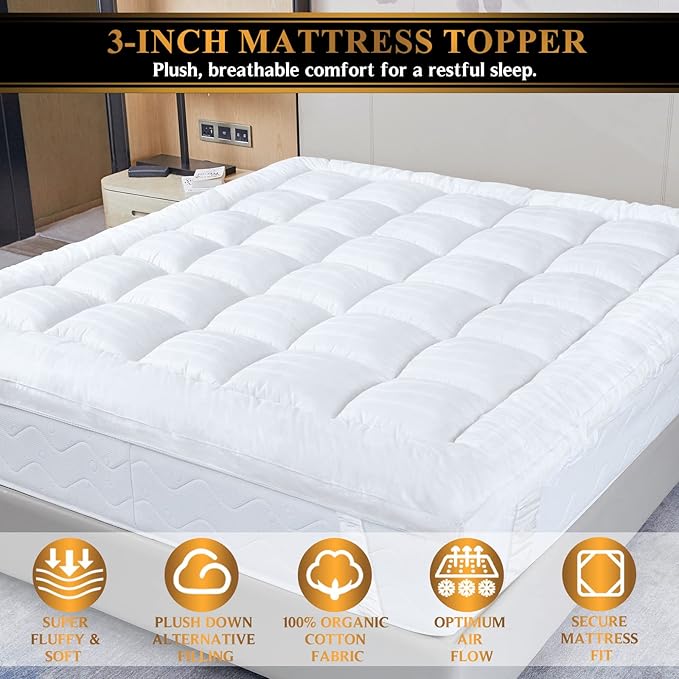 Plush Extra Thick Full XL Pillow Top Mattress Topper, Extra Long 54x80 Soft & Cooling Bed Topper for Firm Mattress with 100% Cotton Fabric, Overfilled with Fiber Mattress Pad, Fit to 6”-22” Mattress.