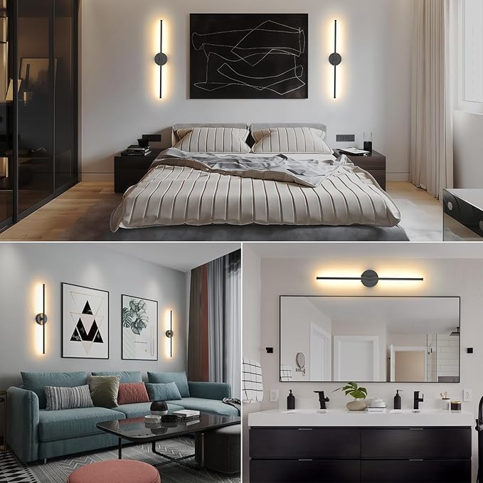 Wall Sconces Battery Operated Set of 2, Black LED Wireless Wall Sconce with Remote Control 350° Rotating, 27.6 Inch Dimmable USB Rechargeable Wall Lights for Living Room Bedroom Hallway