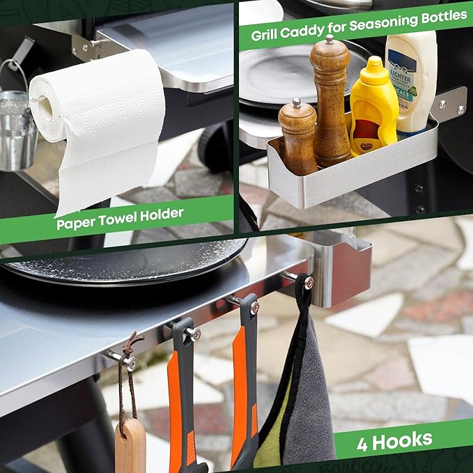 Stanbroil Stainless Steel Folding Front Shelf for Traeger 20 Series Pellet Grills, Grill Accessories with Caddy Organizer, Paper Towel Holder & Hook for Traeger BAC361 Shelf