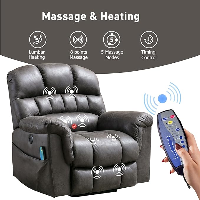 Bonzy Home Power Lift Chairs Recliner for Elderly, Electric Recliner Chair with Heat and Massage, 24" Wide Seat for Big People, Comfortable Backrest, Faux Leather, USB Charging Ports, Grey