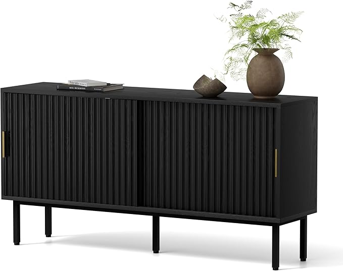 Fluted Tv Stand with Sliding Doors, 47" Mid Century Entertainment Center with Adjustable Shelf, Wooden Media TV Console with Storage Cabinet for Living Room, Black