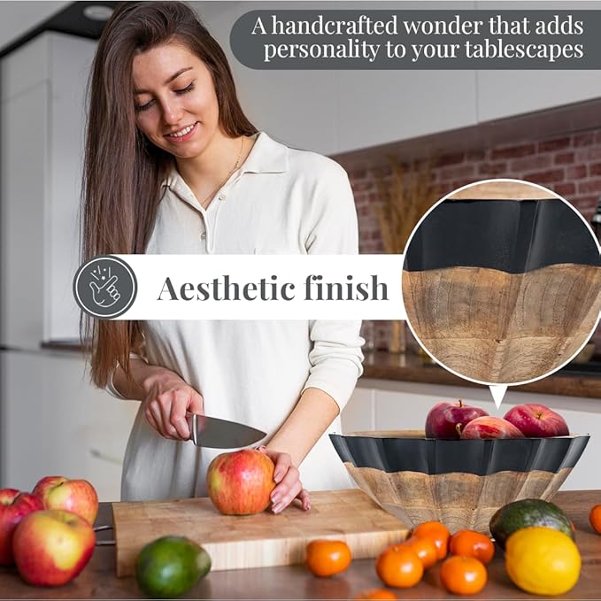 Folkulture Black Wave Salad Bowl | 11” Large Mango Wood Serving Bowl with Dual Ribbed Design | Modern Wooden Bowl for Salad, Fruit & Pasta | Kitchen Island & Dining Table Décor