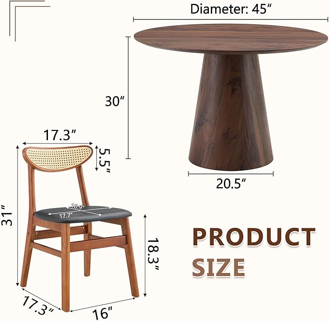 45 Inch Round Dining Table Set for 4, 5 Piece Kitchen Table and Chairs Set, Wooden Table with Walnut Finish, Small Space Dining Set for Apartment or Dining Room