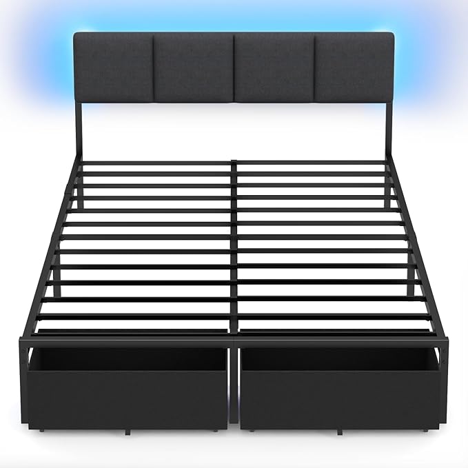 Furnulem Queen Bed Frame with Storage, Upholstered Bed Frame Queen Size with LED Light,USB Charging Station,Platform Bedframe with 2 Fabric Underbed Storage Drawers,No Spring Box Needed,Noise Free