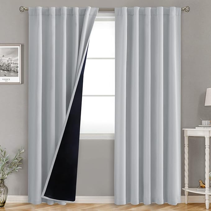 BGment Light Grey 100% Blackout Curtains 84 Inches Long with Reducing Noise Liner, Rod Pocket and Back Tab Double Layer Full Room Darkening Window Curtain for Bedroom, 2 Panels, Each 42 x 84 Inch