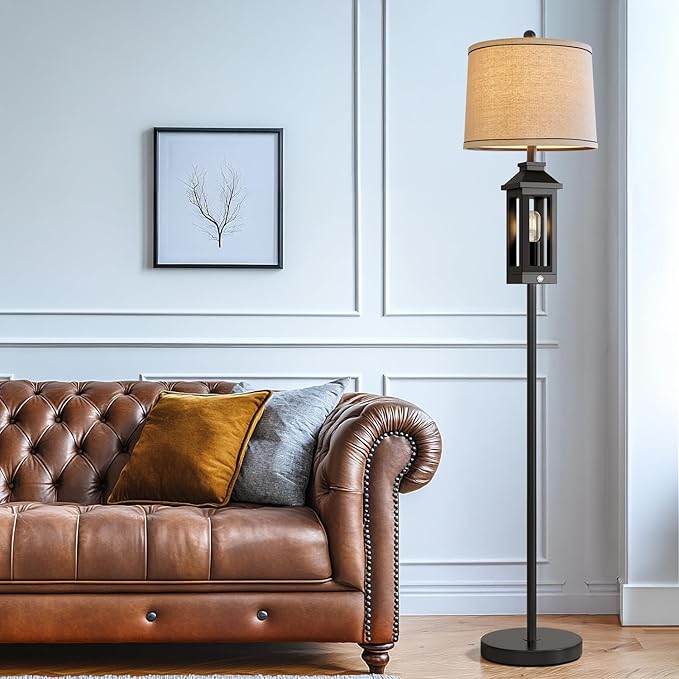 63" Floor Lamps for Living Room Bedside Nightstand Lamp All Black Tall Standing Lamp for Home Decor Bedroom Reading Lamp Farmhouse Rustic Bed Lights with 2 Light Sources (2 Bulbs)