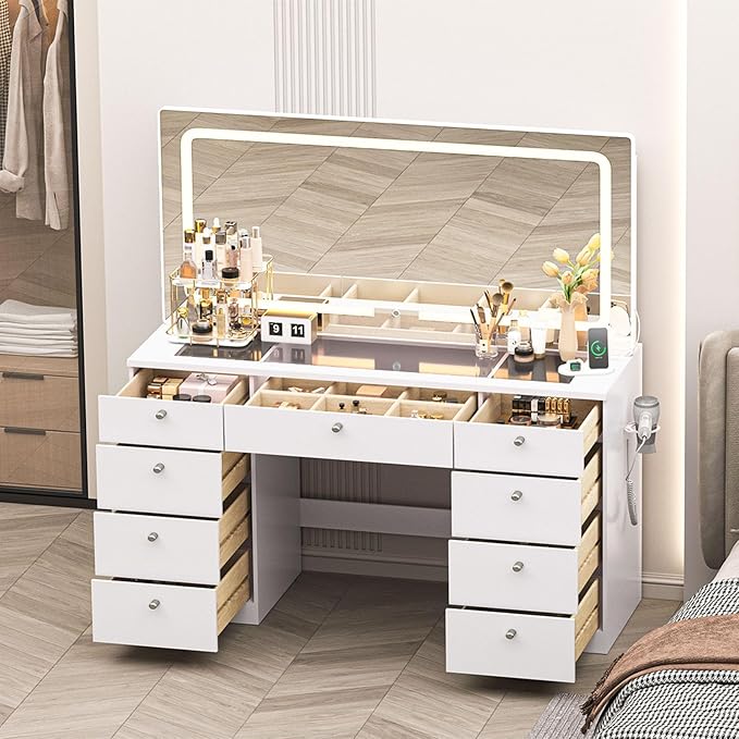 46" Makeup Vanity with Mirror, Glass Top Makeup Vanity Desk with Power Outlet and 9 Drawers, 3 Color Lighting Modes for Bedroom, White