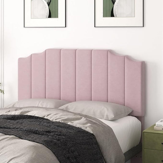 Queen Size Headboard Only, Velvet Wall Mounted Headboard Queen/Full Size for Adjustable Bed, Modern Vertical Channel Design with Curved Tufted Upholstered Head Board, Pink