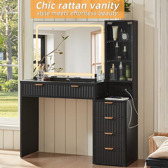 LEYAOYAO Black Vanity Desk with Mirror and Lights, 43.5'' Fluted Makeup Vanity with 6 Drawers and Adjustable Shelves, Glass Top Make Up Vanity, Girls Wood Dressing Table with Power Outlet for Bedroom