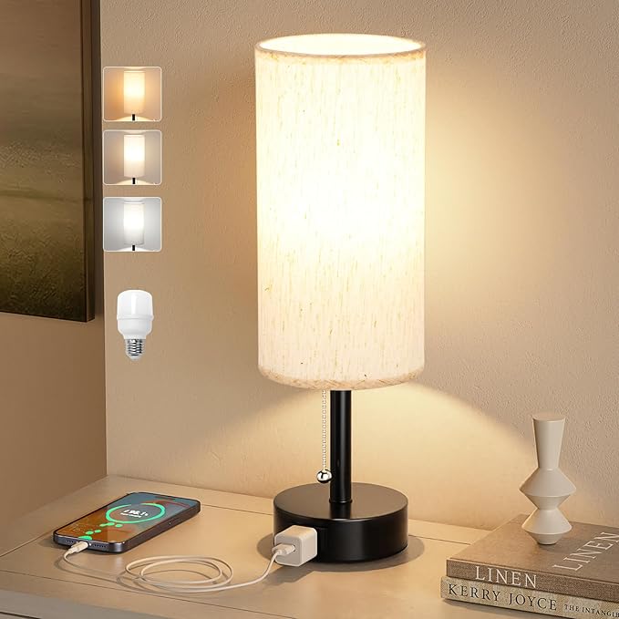 Bedside Table Lamp for Nightstand - 3 Color Temperatures Pull Chain Lamp with AC Outlet Charging Port, Round Night Stand Light for Bedroom Living Room, Small Bed Side Light with E26 LED Bulb