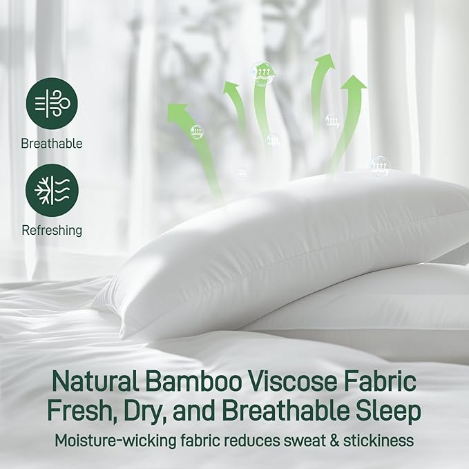 Hypoallergenic Bamboo Viscose Breathable Pillows with Down Alternative Filling, Standard/Queen Size Set of 2，Fluffy Luxury Hotel Quality, Oeko-Tex Certified, Machine Washable