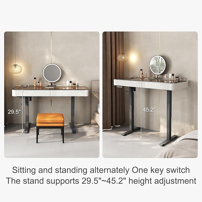 Lartis Vanity Table with Stool,Electric Lift Vanity Desk,Vanity Set，Up and Down Desk, Standing Vanity with Drawer (Ivory White, 47 in)