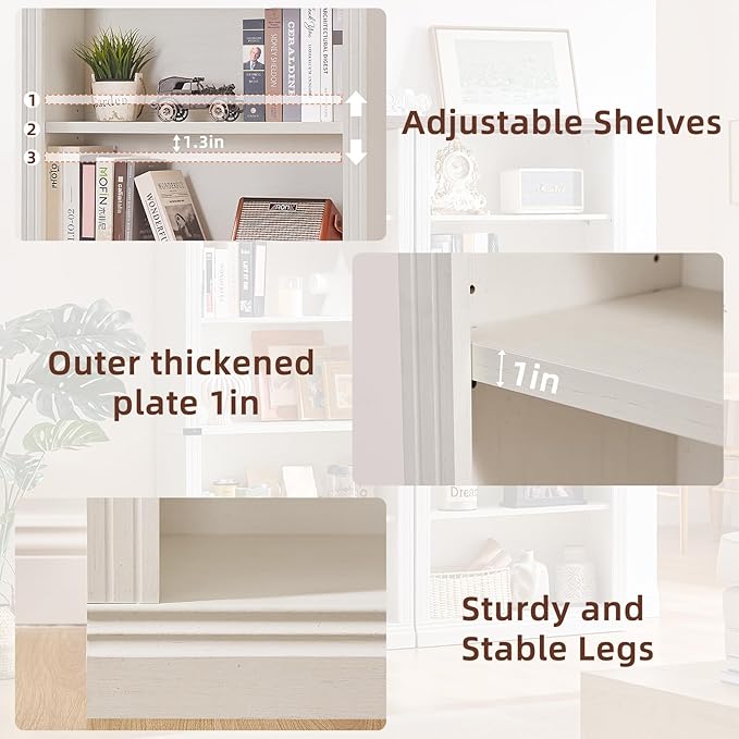 70" White Tall Bookshelf Set of 3,5-Tier Thick Wooden Book Shelf with Adjustable Shelves,Free Standing Farmhouse Bookcase with Open Display Storage,Floor Vintage Bookshelves for Living Room