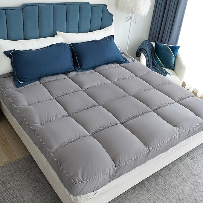 Cooling Mattress Pad Extra Thick Bed Topper Plush Pillow Top Hotel Quality Down Alternative Mattress Topper for Queen Bed, Queen Size, Grey