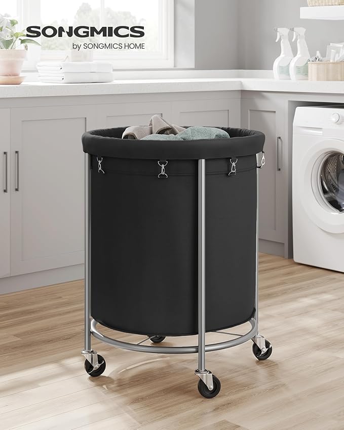 SONGMICS 50.2-Gallon (190 L) Laundry Basket with Wheels, Rolling Round Heavy-Duty Laundry Hamper Cart with Steel Frame and Removable Bag, 2 Locking Wheels, Ink Black and Metallic Silver URLS001B01