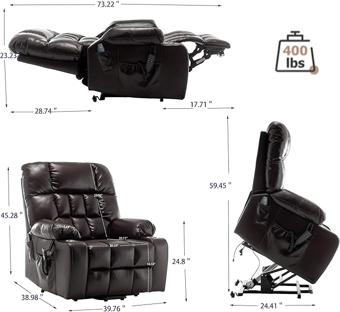 Power Lift Recliner Chair with Massage and Heating for Elderly, Oversized Lay Flat Recliner, Big and Tall 400lbs, Dual Motors, Cup Holders, Heavy Duty, Adults (Red)