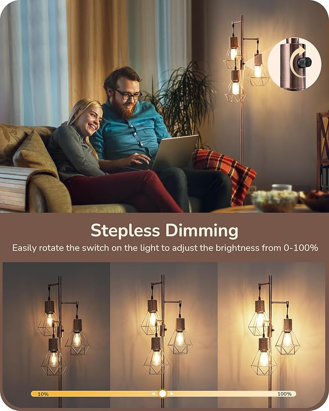 EDISHINE Farmhouse Floor Lamp Dimmable, Industrial Standing Lamp for Living Room, Diamond-Shaped Cage, Corner Rustic Rattan Tall Tree Reading Lamp Home Decor, Electroplated Brushed Red Copper