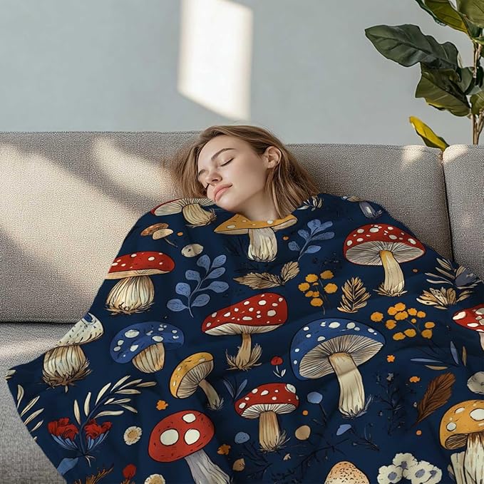 Mushroom Blanket Throw, Gifts for Women and Men, Lightweight Fleece for Decor, Hippie, 50x60 Inches