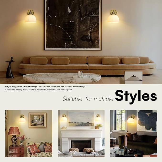 Vintage Wall Sconce 1-Light with White Striped Glass Globe Shade, Indoor Wall Mounted Lamp Fixture for Living Room Bedroom Kitchen Hallway