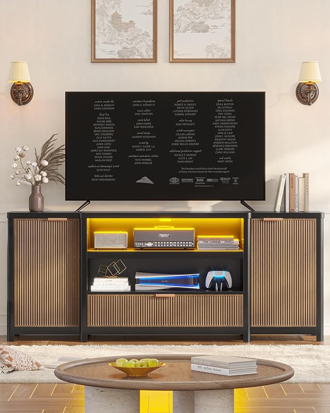 AOGLLATI Fluted TV Stand for Living Room, 71” Heavy-Duty TV Console Cabinet with Storage and Shelf, Mid Century Modern Television Stands with Drawers for 60/65/70/75/80 TV, Black