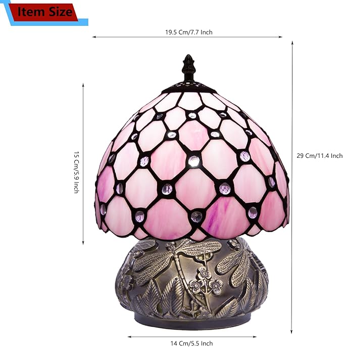 Small Tiffany Stained Glass Lamp, 3 Color Temperatures Bedside Lamp, 8 Inch Pink Pearl Beads Style Mushroom Desk Light for Bedroom Living Room Office Home Decor (Pink)