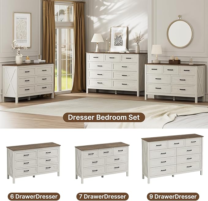 LYNSOM Farmhouse 9 Drawer Dresser for Bedroom, 55 Inch Wide Wood Rustic Chest of Drawers with X-Marking & Bar Handle, Large Storage Dressers Organizer for Bedroom, Living Room, Antique White