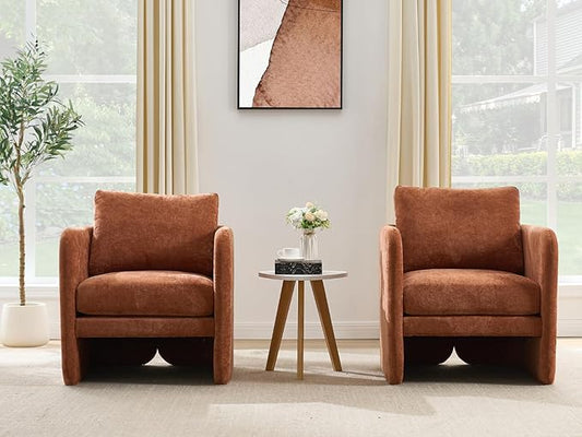 Modern Barrel Accent Chairs Set of 2, Beige Chenille Fabric Armchair for Living Room, Comfy Upholstered Reading Accent Chairs Single Sofa Chair for Bedroom Waiting Room Office, Orange