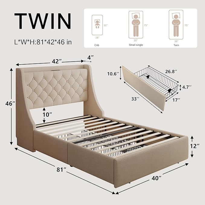 Upholstered Twin Bed Frame with 4 Storage Drawers, Bed Frame with Large Wingback Headboard, Charging Station, No Box Spring Needed, Easy Assembly, Beige