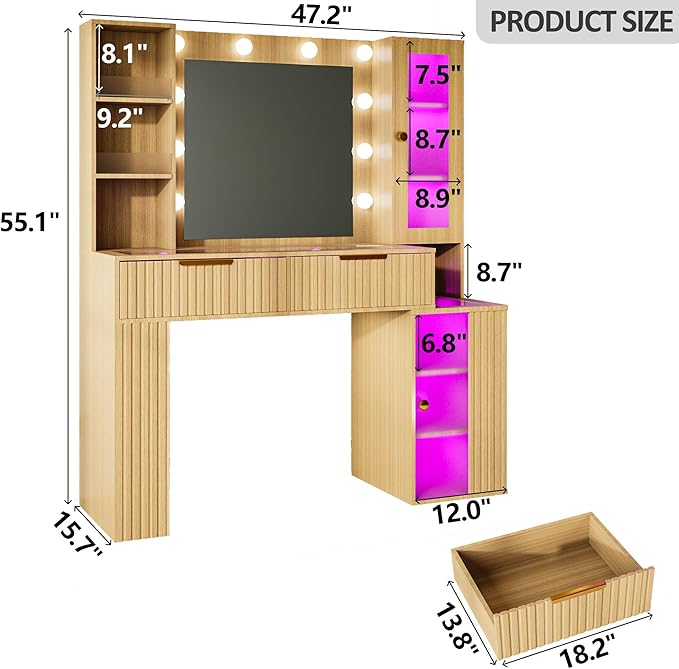 Vanity Desk with Mirror and Lights with Glass Table Top, Makeup Vanity Table with LED Lights,Dressing Table with Storage Cabinet, Brightness Adjustable, Vanity Set for Bedroom,Oak