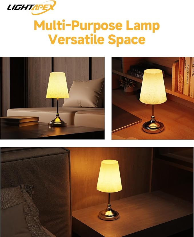 Lightapex Vintage Small Cordless Table Lamps with Stepless Dimming, Portable Rechargeable Bedside Lamps with Touch-Control for Bedroom, Living Room, and Reading, Cone(Black)