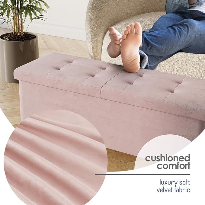 STORAGEBUD Storage Ottoman Bench with Bins, 43-in Storage Bench for Bedroom End of Bed, Folding Foot Rest Ottoman for Living Room Max 660lbs, Velvet Ottomans, Pink