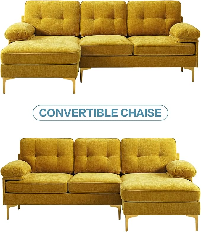 EASELAND 82" L-Shape Sofa with Reversible Chaise Lounge, Convertible Sectional Sofa Couch, Chenille Modern Sofa Couch for Living Room, Apartment and Office, Removable Cover (Yellow)
