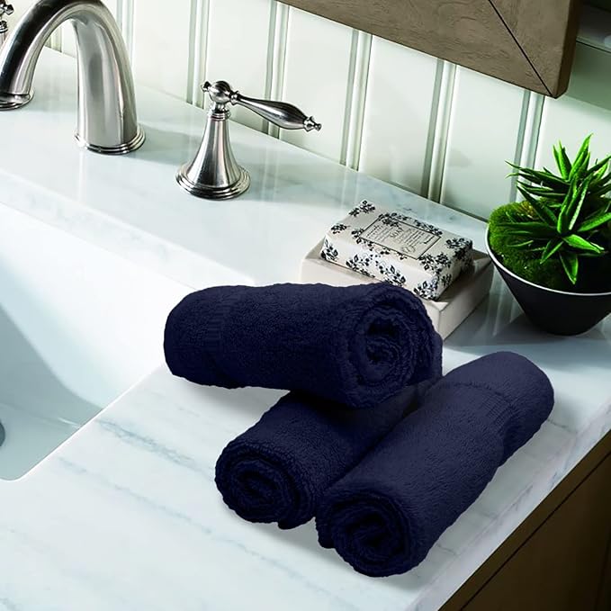 Luxury Hotel & Spa Quality, 100% Turkish Cotton 700 GSM Cloth, Eco Friendly Towel, Body wash, Makeup & Facial Cleaning, Baby, loofah, Dobby Border washcloths Towel Set 13" X 13", Navy Blue, Set of 12