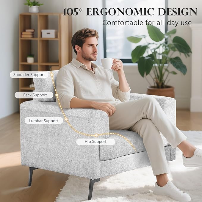 CDCASA Accent Chair, Linen Fabric Oversized Mid Century Modern Chair Set of 2, Comfy Upholstered Armchair Reading Accent Chairs Sofa Chairs for Bedroom Living Room, Light Gray