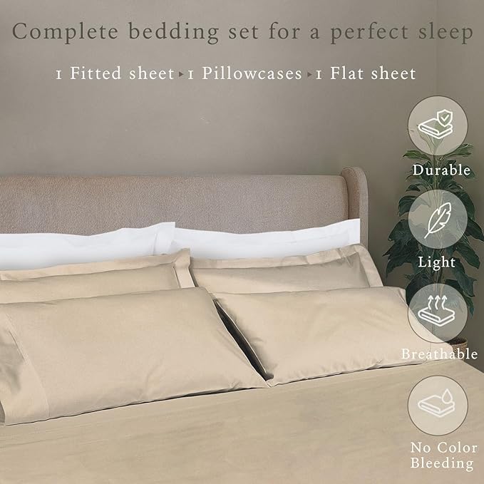 Threadmill - 5 Star Hotel Twin Sheet Set 100% Cotton Sheets, 500 Thread Count, Deep Pocket, Snug Fit, Soft & Crisp Best Bedding Sheets Set 3 Piece Set (Twin, Beige)