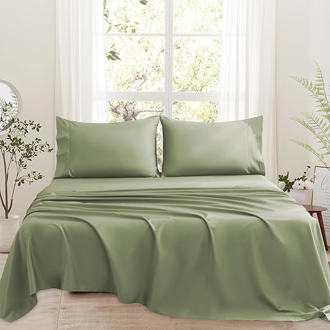 Bedlifes 1000 Thread Count 100% Egyptian Cotton Queen Size Sheets Set - Sateen Soft Silky Breathable Luxury Cooling 4 Pieces (Olive Green)