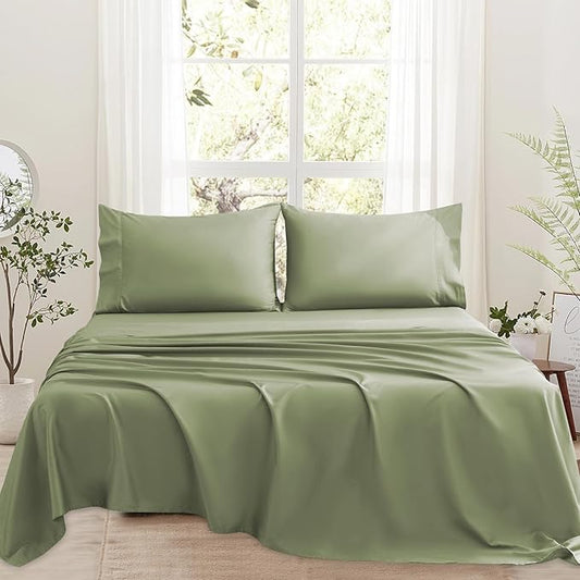 Bedlifes 1000 Thread Count 100% Egyptian Cotton Queen Size Sheets Set - Sateen Soft Silky Breathable Luxury Cooling 4 Pieces (Olive Green)