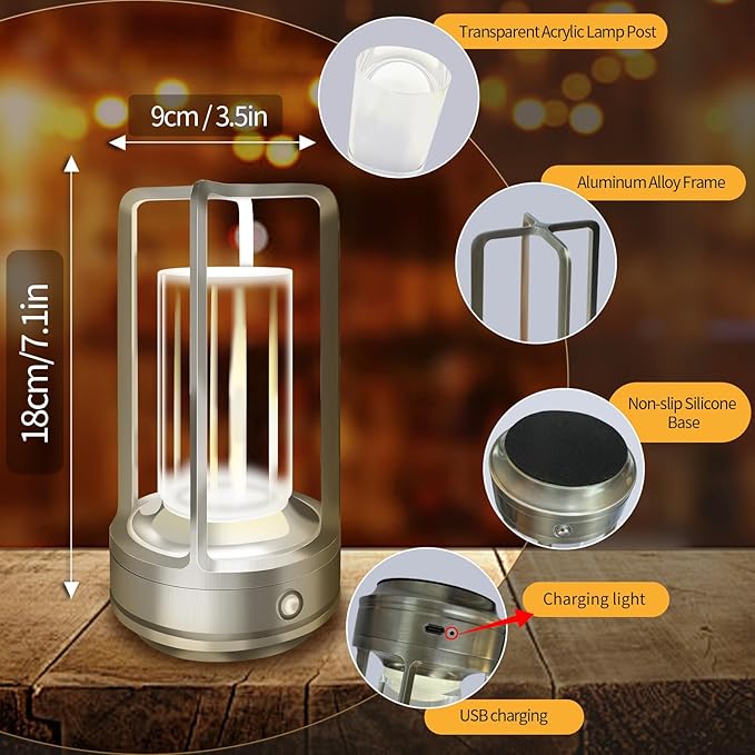 Portable Metal Table Lamp, 4000 mAh Rechargeable Outdoor Table Lights, 3 Color Stepless Dimmable Cordless Table lamp for Patio, Camping, Coffee Samll Desk Lamp for Indoor/Outdoor (Silver)