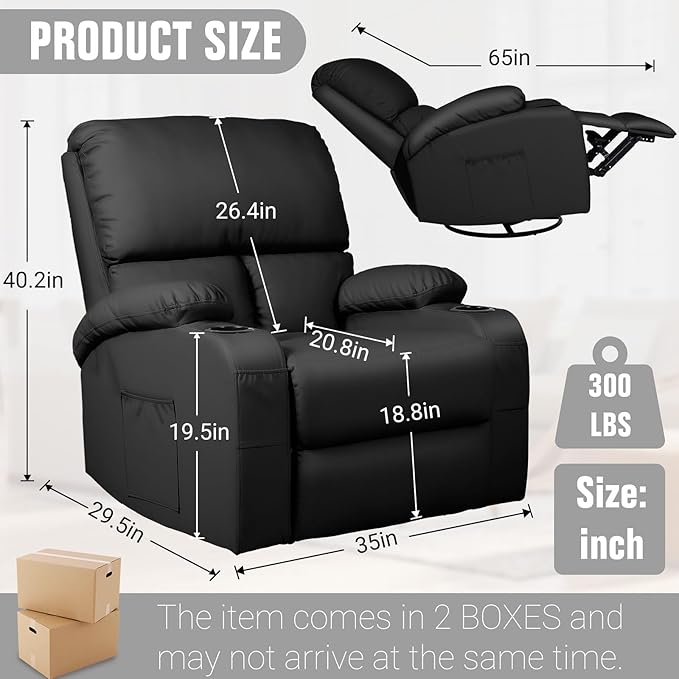 LEVELEVE Rocking Recliner Chair, Massage Rocker Recliner Chair with Vibration Massage and Heat, 360° Swivel Faux Leather Chairs, Living Room, Bedroom, Nursery, RV, Black