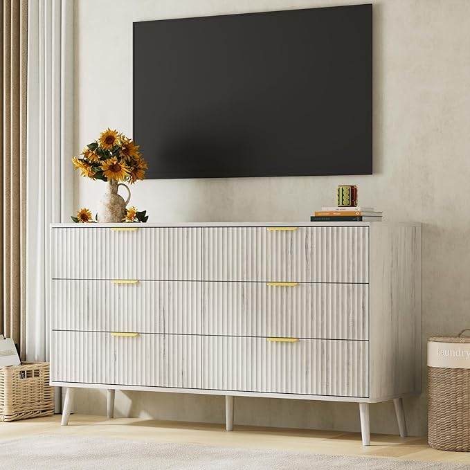LYNSOM 55" Wide Fluted Dresser for Bedroom with 6 Drawer, Modern Chest of Drawers with Curved Profile Design and Metal Handles, Wood Dresser TV Stand & Storage Organizer for Living Room, White