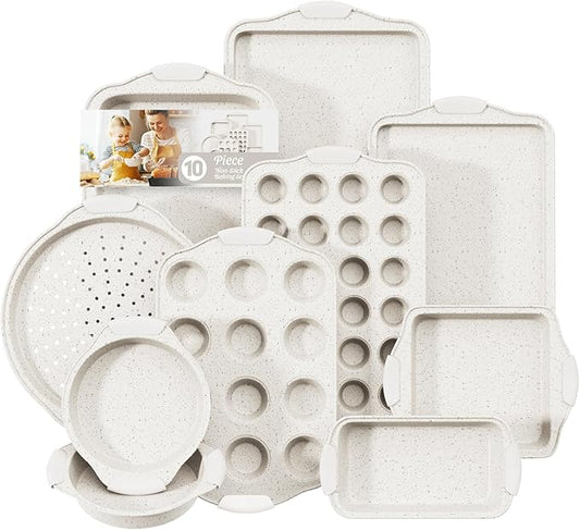 11-Piece Kitchen Nonstick Stackable Bakeware Set, Non Toxic Bakeware Sets with Silicone Handles, Includes Cookie Sheets, Cake Pan, Loaf Pan, Pizza Pan, Muffin Pan, White