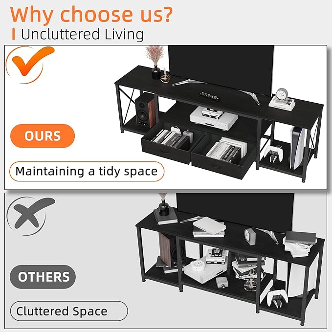 TV Stand with Fabric Drawers for 75 80 Inches TV - Entertainment Center and Industrial TV Console Table with Open Storage Shelves for Living Room, Bedroom- 71.5" Black