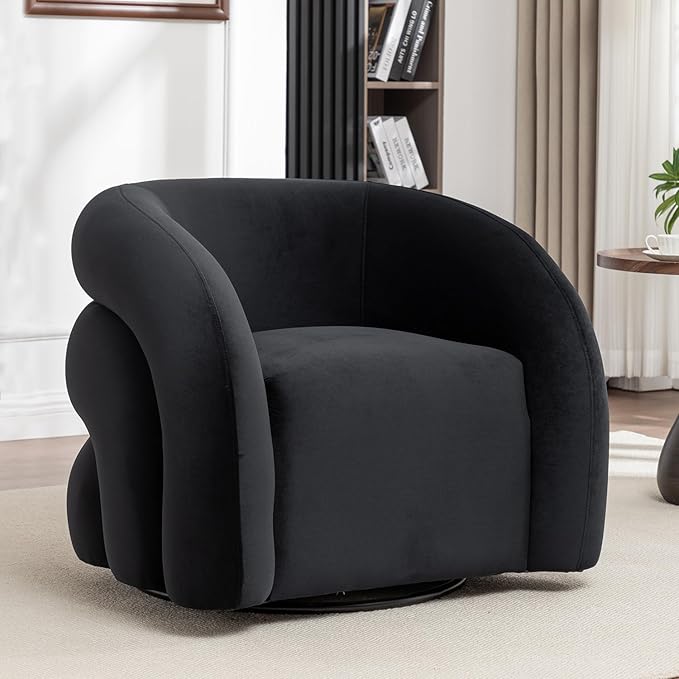 34.6" Velvet Swivel Accent Chair, Modern Round Armchair for Living Room,Upholstered Comfy Sofa Barrel Chairs for Bedroom Reading Apartment Lounge,Fully Assembled(Black)