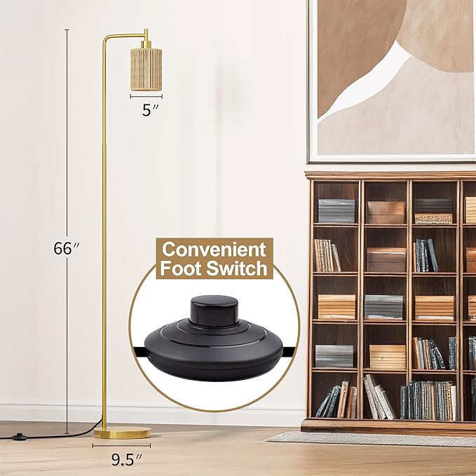 Oneach 66" Gold Floor Lamp for Living Room, Boho Floor Lamp with LED Bulb, Foot Switch, Rattan Shade, Industrial Tall Farmhouse Standing Lamp for Bedroom, Dining Room, Study Room, Office