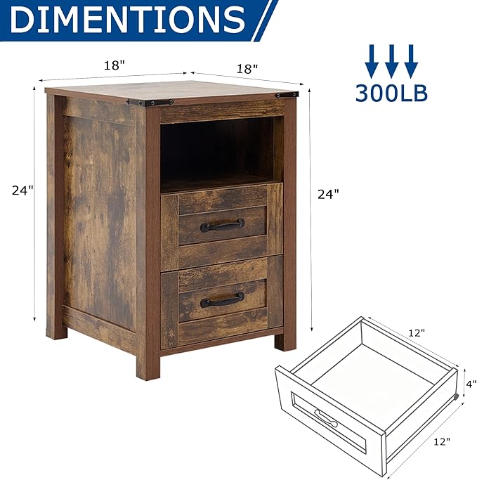 Farmhouse Night Stand Set of 2, Rustic Brown Nightstand for Bedroom, End Tables Without Charging Station, Bedside Table with Drawers, Wood Bedside Cabinet Dresser