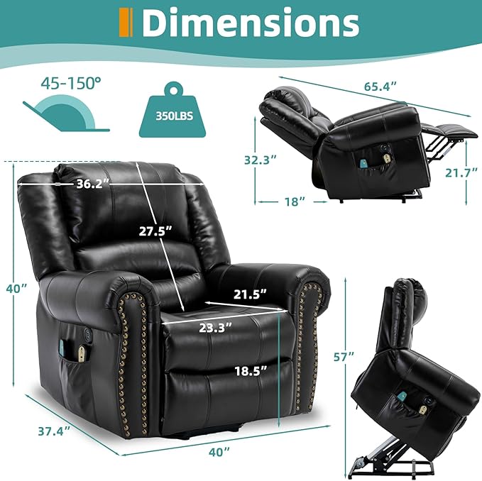 MEETWARM Large Power Lift Electric Recliner Chair for Elderly with Massage and Heat, Overstuffed Wide Recliner, Heavy Duty Sofa for Living Room with 2 Remote Control/USB Ports/Side Pockets(Black)